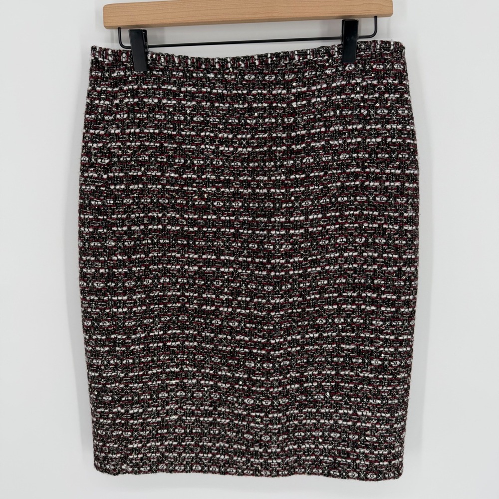 Calvin Klein Womens Tweed Pencil Skirt Red Black White Metallic Sequin Size 6‎